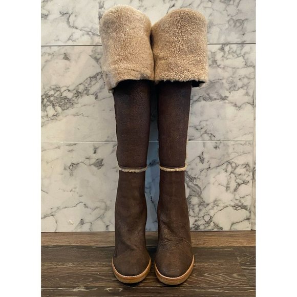 MICHAEL KORS Chocolate Brown Leather & Shearling Fold-Over Knee High Boots - 8.5 - Picture 3 of 10